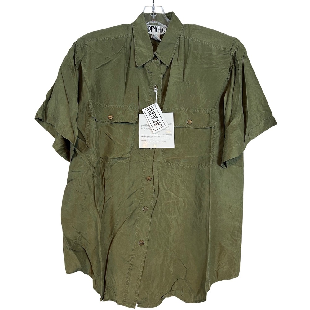 NWT Vintage Women Olive Green Silk Short Sleeve Button Up Shirt Frenchic MED